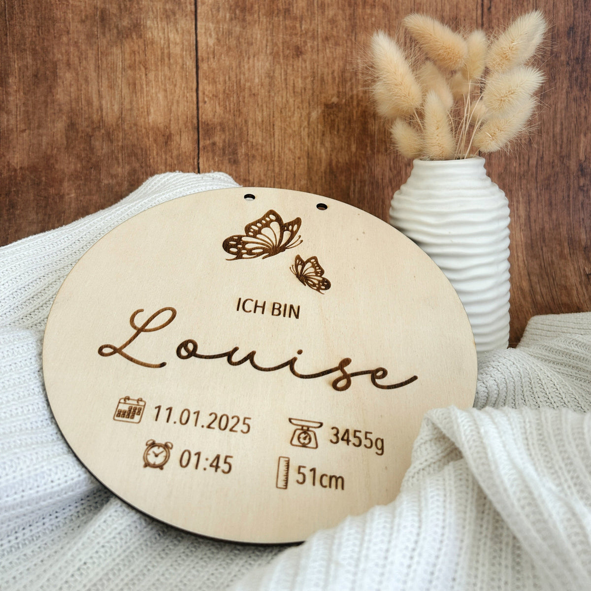 Baby Holzschild Rund Geburtsdaten