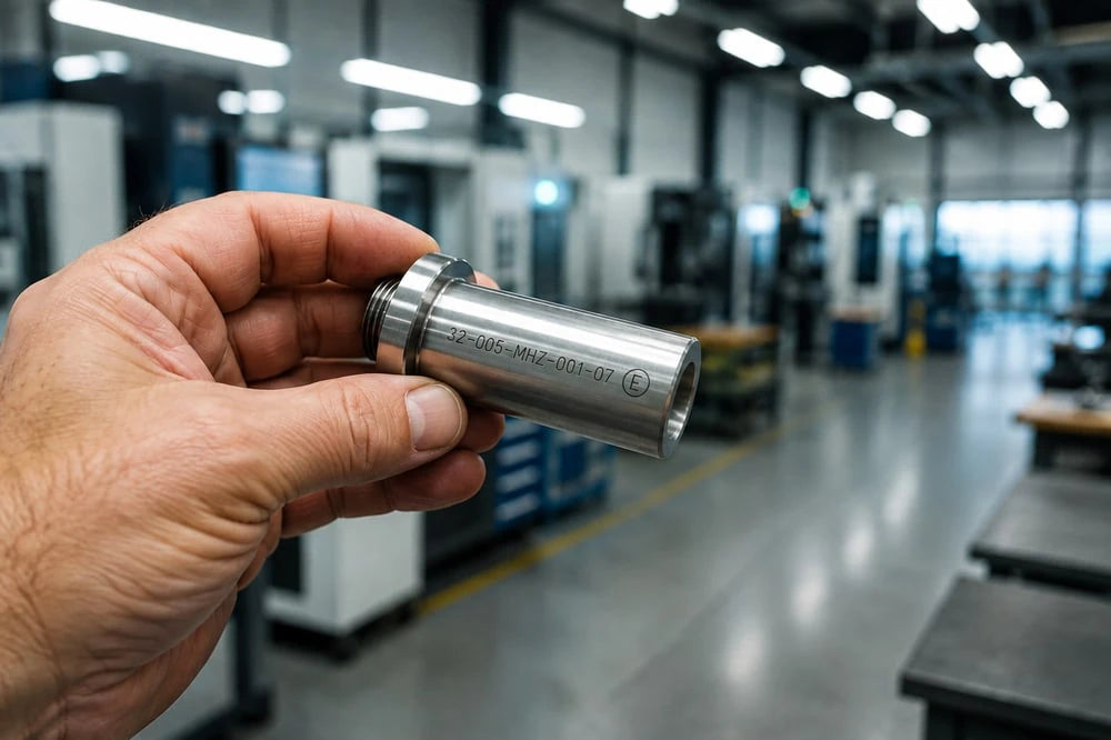 Präzise Laserkennzeichnung auf einem Metall-Drehteil bei Wiens in Diepenau