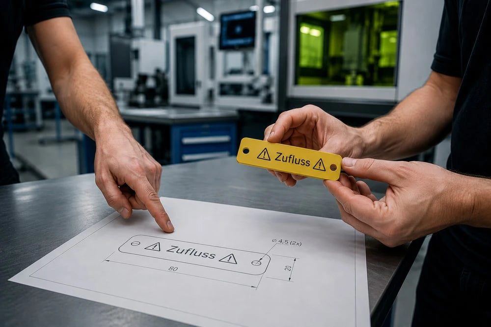 Individuell lasergraviertes Kunststoffschild auf einer technischen Zeichnung